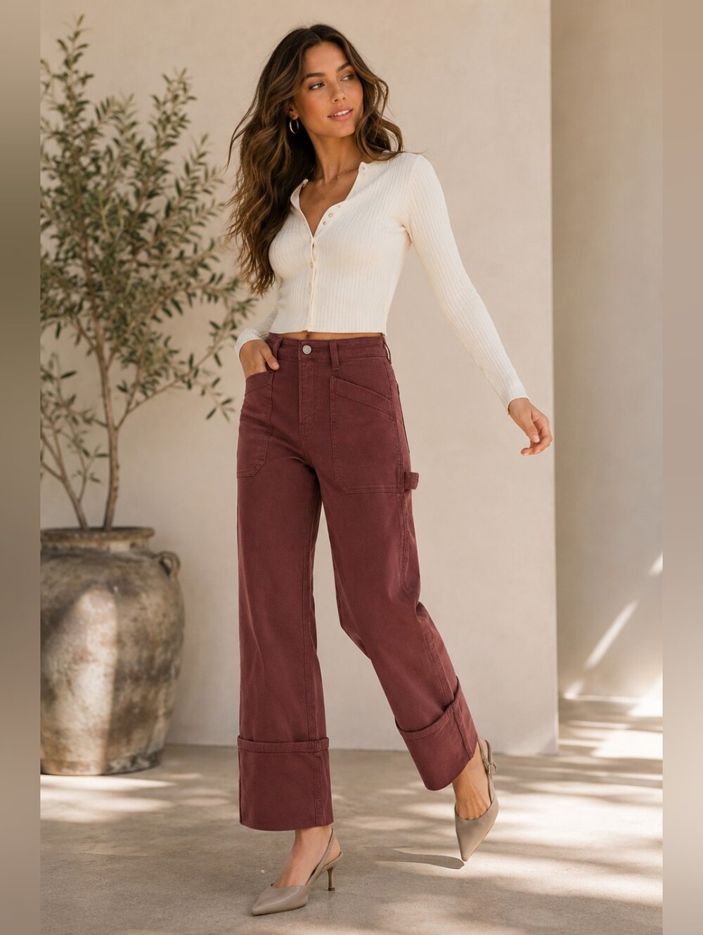 Risen HR Straight Fit Wide Cuffed Jeans Choco Brown Neutral Utility Various NEW - Picture 5 of 11